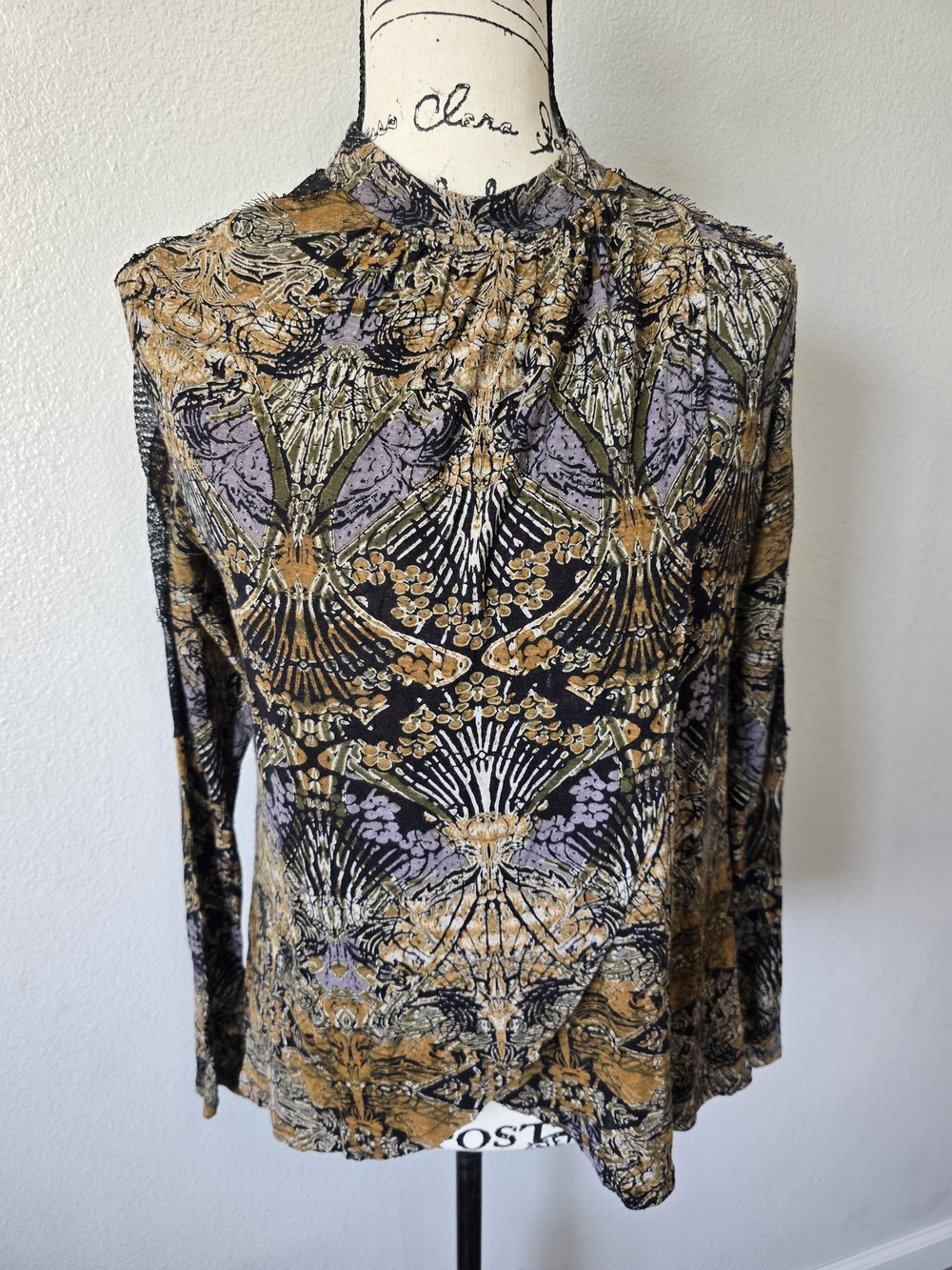 Free People New-World Nouveau Blouse S Lace Trim Abstract Split Front High Low